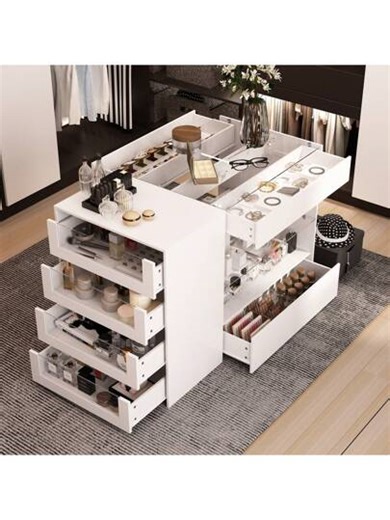 Bedroom Island With Glass Top, Checkroom Island Table Glass Display Shelf & 6 Drawers, Wooden Closet Storage Cabinet With Open Shelves For Bedroom | SHEIN