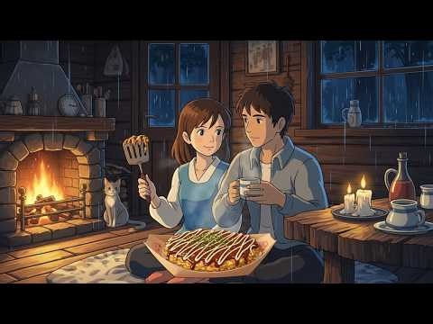Trapped in a Rainy Forest Cottage 🌧️ — Cooking Okonomiyaki by Fire + Candle Ghibli-style ASMR.