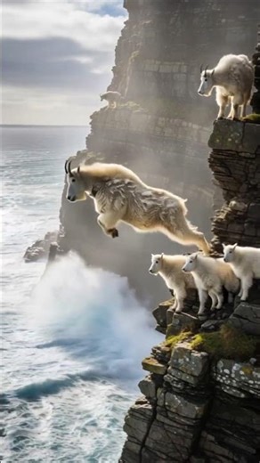 Mountain Goat Leaps from Cliff into Ocean