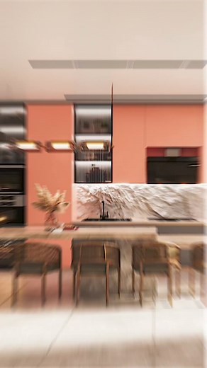 Mellow: A kitchen adorned in the soothing Pantone color of the year, Peach Fuzz, creating a tranquil and inviting space. #stainlesssteelmodularkitchen #StainlessSteelKitchens #moderndesign #kitchendesigns #intetiordesign #kuche7 | Küche7