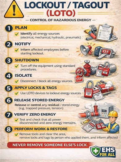 Monkeith Tinsley on Instagram: "🔒⚡ LOCKOUT / TAGOUT (LOTO) – Control of Hazardous Energy ⚡🔒 Many serious injuries happen when equipment starts unexpectedly or stored energy is released (pressure, spring tension, gravity, electricity). LOTO saves lives — every time. ✅ LOTO Key Steps (Quick Reminder): 1. PLAN – Identify all energy sources (electrical, mechanical, hydraulic, pneumatic, thermal, chemical). 2. NOTIFY – Inform affected employees before shutdown. 3. SHUTDOWN – Turn off equipment usin