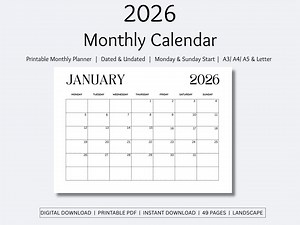 2026 Minimalist Calendar: Monthly Planner Printable (A3, A4, A5, Letter PDF) - Etsy