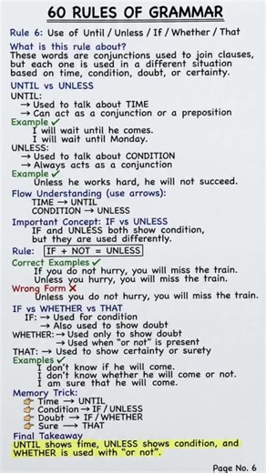 Rule 6: Use of Until, Unless, If, Whether & That Each conjunction has a clear purpose: ⏱️ Time → Until ⚠️ Condition → If / Unless ❓ Doubt → If / Whether ✅ Certainty → That Master this rule to avoid common grammar traps. ✔️ #Conjunctions #UntilUnless #IfWhether #GrammarRules #EnglishLearning | English With RANI MAM