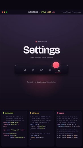 Liquid bottom nav — the bar dips under the bead (HTML/CSS/JS)