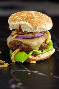41K views · 757 reactions | For this recipe, we made a reverse seared 1/2 pound BBQ Burger with Scratch BBQ Sauce and Fried Onions. Check out the full post on Instagram to enter to win something in our video as part of our Year of 100 Giveaways. https://www.instagram.com/thegrilldads/ | The Grill Dads | Facebook