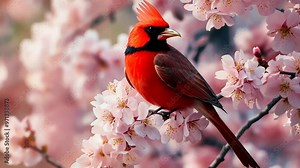 Cardinal in a Cherry Blossom Tree