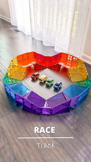 Alice | Magnetic Tiles Play Ideas on Instagram: "📌 SAVE this fun Race Track! Who needs those magic tracks when you can build your own? Comment “Track” to get the link to these cars. Materials: 12 large squares 44 squares 28 isosceles triangles 16 right triangles 32 equilateral triangles Note: I didn’t have enough common tiles, so I substituted with trapezoids, diamonds, and window frames. Tip: These cars are strong and can break your track. Make sure to stop all of the cars if this happens to m