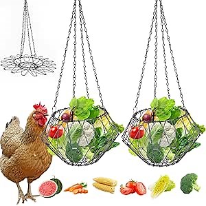 Hanging Chicken Feeder, Chicken Toys for Coop, Foldable Large Poultry Vegetable Fruits Feeder Basket with Hanging Chain, Chick Feeder for Chicken/Hens/Duck/Rabbit, M 2PCS
