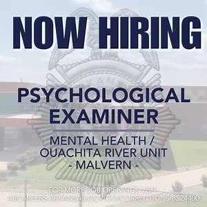 The Arkansas Department of Corrections is currenting taking applications for the role of Psychological Examiner at the Ouachita River Correctional Unit - AR DOC. For more information about this position or to apply, please visit https://arcareers.arkansas.gov/job/Malvern-PSYCHOLOGICAL-EXAMINER-AR-72104/1069486300/. #ARDOCFamily #JobOpening #CareerOpportunity | Arkansas Department of Corrections