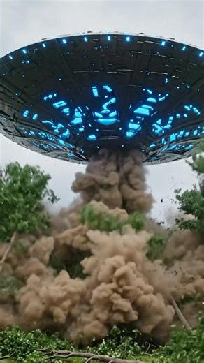 A massive alien flying saucer descends into the forest. The trees are blown wildly by the wind