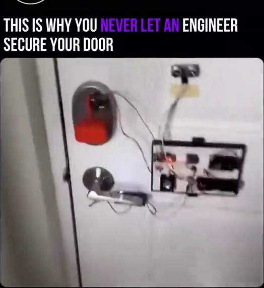 Engineers turn simple door security into wildly overcomplicated masterpieces. A viral garage setup features a maze of chains, pulleys, latches, and counterweights that lock with dramatic mechanical symphony. One tug on a rope triggers cascading bolts, spinning gears, and slamming bars—taking 30 seconds of clanking chaos just to secure the door. It works flawlessly, yet a basic deadbolt would do the job in half a second. When engineers design security, functionality meets maximum dramatic flair. 
