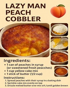 🍑 Lazy Man Peach Cobbler Ingredients: 1 stick (½ cup) unsalted butter, melted 1 cup all-purpose flour 1 cup granulated sugar 1 cup milk 1 tbsp baking powder ¼ tsp salt 1 large can (29 oz) sliced peaches in syrup (or fresh peaches, sweetened) 1 tsp cinnamon (optional) --- Instructions: 1. Preheat Oven Set oven to 350°F (175°C). 2. Prepare Pan Pour the melted butter into a 9x13-inch baking dish (do not stir). 3. Make the Batter In a bowl, whisk together flour, sugar, baking powder, salt, and milk