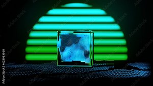 Seamless loop retro wave style rotating cube and grid. Abstract background. Abstract cube falling apart on glowing sun rays background. A digital shiny box with a transparent surface