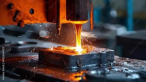 Automated industrial robotic arm pouring molten metal in metal mold on production line in foundry. Metalworking and metallurgy industry concept