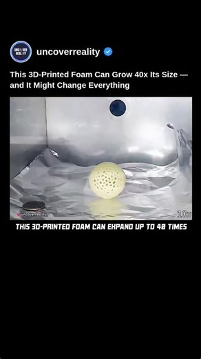 Uncover Reality | From Science to Space on Instagram: "Researchers at the University of California, San Diego (UCSD) have developed a groundbreaking 3D-printed foam that can expand up to 40 times its original volume, overcoming one of 3D printing’s biggest limitations — size. Traditionally, the size of 3D-printed parts has been restricted by the dimensions of the printer’s build chamber. However, this new material allows small prints to grow into large structures after heating. The team created 