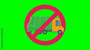 Appearance of crossed out red circular prohibition symbol on a garbage truck on green screen with alpha channel in flat design style Stock Video