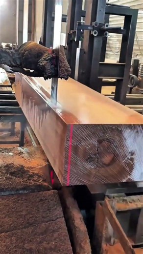 cutting large wooden beams using a band saw machine to achieve very high quality and neat results