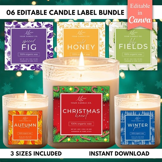 Editable Candle Label Templates Canva | Candle Branding Kit | Custom Jar Labels + Care | Printable 2x2 2.5x2.5 3x3 | Christmas Set Download! - Etsy UK