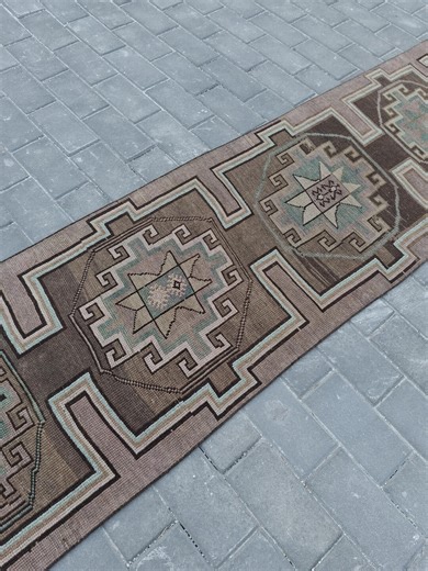 Vintage Turkish Runner Rugs, 3x11 Ft Wool Hallway Rug, Muted Brown Geometric Runner - Etsy UK