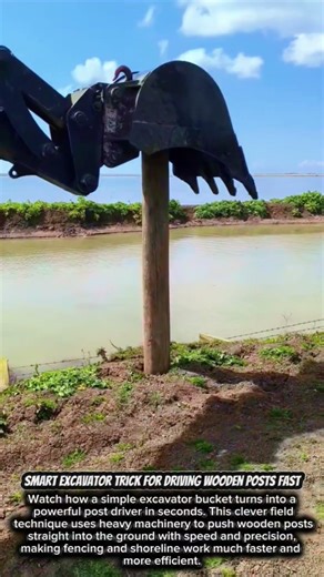 Smart Excavator Trick for Driving Wooden Posts Fast #satisfying #ConstructionHack #Excavator