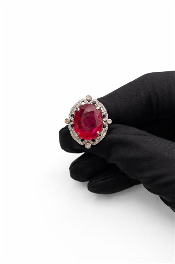 Large Oval Ruby Diamond Halo Ring, 925 Sterling Silver, Rhodium Plated, US Size 8