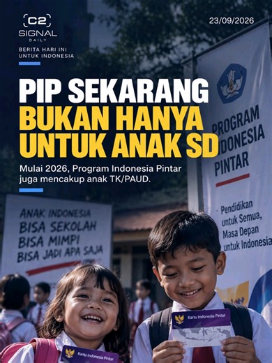PIP sekarang tidak hanya untuk siswa SD sampai SMA. Pada 2026, program ini juga mencakup TK/PAUD, dengan total sasaran 22,1 juta siswa desil 1–4. Bantuannya berkisar dari Rp450 ribu hingga Rp1,8 juta per siswa per tahun, tergantung jenjang pendidikan. #SignalDaily #PIP #ProgramIndonesiaPintar #Pendidikan #BantuanPendidikan