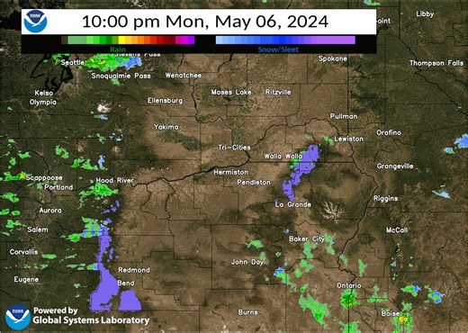 Update May 7 at 5:15 AM. The Winter Weather Advisory for the northern Blue Mtns and the east slopes of the Oregon Cascades above 4500 feet has been extended until noon today. These areas are shaded in purple. Radar continues to show scattered showers. Up to 3 inches of additional snow can be expected. | US National Weather Service Pendleton Oregon