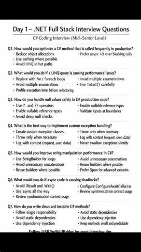 SRProSkillBridge on Instagram: "Srproskilbridge .NET Full Stack Interview Series C# coding interviews are not about syntax — they are about writing efficient, production-ready code. These questions focus on real scenarios interviewers expect mid to senior developers to handle confidently: • Performance optimization • LINQ pitfalls • Async deadlocks • Clean, testable code practices If you’re preparing for senior roles, consistency and clarity in your coding approach matter more than tricks."