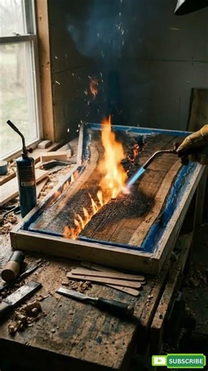 Burning Wood Into an Ocean Table 🌊#shorts #satisfying #woodworking #transformation #viral #relaxing