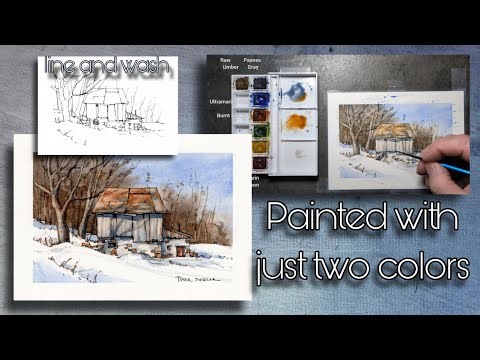 Winter barn watercolor, Just 2 colors, Great for beginners. Peter Sheeler, sheelerart