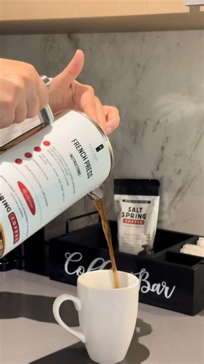 2.2K views · 19 reactions | Wake up slow with a fresh brew, right from your suite. ☕️ Each room at Black Rock comes with a French press and locally roasted Salt Spring Coffee — here’s how to make the perfect cup: 1️⃣ Add 3 teaspoons of coffee grounds. 2️⃣ Boil water and pour it in. 3️⃣ Place the lid on without pressing down. 4️⃣ Wait 3–5 minutes. 5️⃣ Gently press down the handle, pour, and enjoy oceanfront coffee bliss. | Black Rock Oceanfront Resort | Facebook
