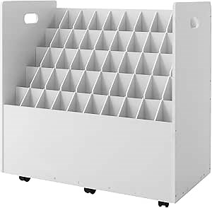 Blue Print Storage Organizer with Wheels, 50 Slots Mobile Blueprint Storage Rack Cart, Construction Plan Holder Roll Files Cart Map Poster Storage Cabinet for Office Home School, White