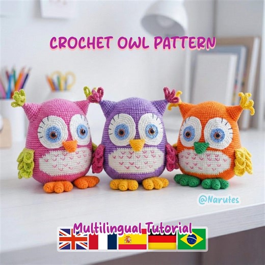 Crochet Owl Pattern PDF | Amigurumi Big Eyes Owl Plush Toy Tutorial | Stuffed Owl | Multilingual Tutorial - Etsy