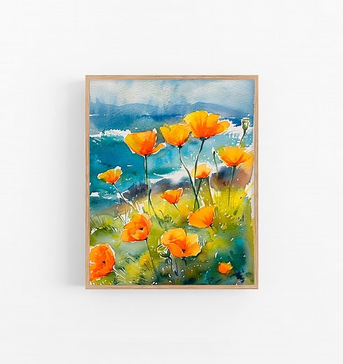 California Poppies Watercolor Painting California Coastline Watercolor Art Print Travel Wall Art Decor by Feelingprints - Etsy
