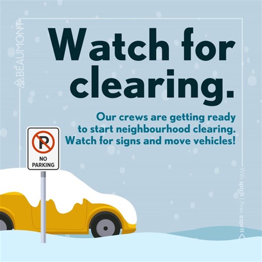 ⚠️ Neighbourhood snow removal is starting soon! Our crews will be starting neighbourhood snow clearing soon, and we need your help! 📍 Check the interactive map to see when and where parking bans are in effect at https://www.beaumont.ab.ca/home-neighbourhood/roads-trails/snow-ice-control/ 🚗 Move your vehicle from residential roads when temporary parking bans are in effect for safe and effective snow removal. Vehicles left on the road during parking bans face a $250 fine and may be relocated. 🕛