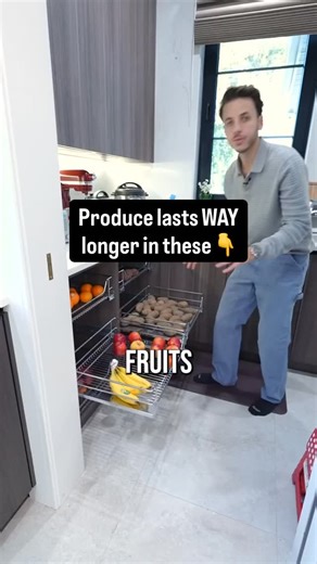 The Kitchen Guy on Instagram: "Fruits and veggies actually last longer in these. Wire baskets = airflow = less spoilage. It’s one of those quiet details that just works.⁠ ⁠ 🔥 or 😬 — would you use this in your kitchen?⁠ ⁠ Save this if you’re remodeling."