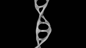 DNA molecule rotates on a black screen. Genetic information about the human body in the spiral of deoxyribonucleic acid.