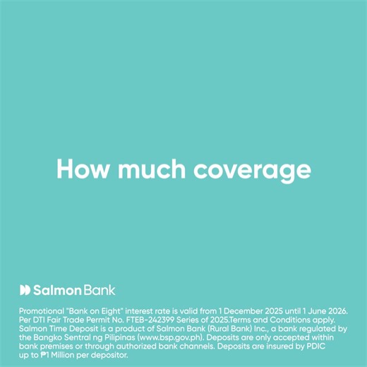 Earn 8% p.a. for deposits of ₱1,000,000 and above with a 12-month term or longer. Download Salmon App via the link below to get exclusive early access to Time Deposit in the app! Promotional "Bank on Eight" interest rate is valid from 1 December 2025 until 1 June 2026. Per DTI Fair Trade Permit No. FTEB-242399 Series of 2025. Terms and Conditions apply. Salmon Time Deposit is a product of Salmon Bank (Rural Bank) Inc., a bank regulated by the Bangko Sentral ng Pilipinas (www.bsp.gov.ph). Deposit