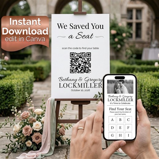 Seating Chart With QR Code, Elegant Digital Download Template for Weddings, Find Your Seat Sign, Instant Access - Etsy