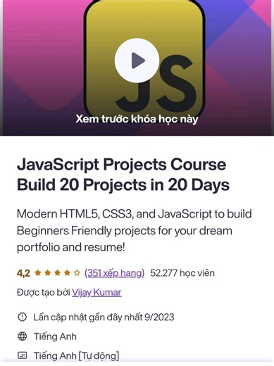 🎯 Học JavaScript qua 20 dự án thực tế – Miễn phí 100% Bạn mới học lập trình? Muốn có dự án để ghi vào CV? Khóa học này giúp bạn học JavaScript từ A-Z, mỗi ngày làm 1 dự án! 🚀 📌 Dự án bao gồm: ✔ Stopwatch ✔ Tính BMI ✔ Ghi chú ✔ Từ điển mini ✔ Bộ đếm nguyên âm ✔ Tạo mật khẩu ... và 15 dự án cực thú vị khác! 💡 Không cần kinh nghiệm – chỉ cần máy tính và quyết tâm học! 📥 Link học miễn phí trong bio hoặc bình luận nha! 👉 Học xong có luôn chứng chỉ và code mẫu. #khoahocmienphi #javascript #laptr