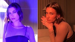 Hailey Bieber poses in multi-colored lights for Rhode release