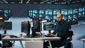 Experienced person typing code on computer monitors in high tech facility with server rows providing computing resources. IT professional overseeing rackmounts operating data