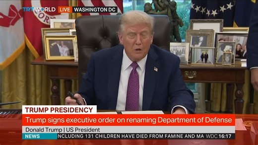 29K views · 556 reactions | Trump signs executive order to rename Department of Defense the "Department of War," reverting to title it held until after WW2 when officials sought to emphasise Pentagon's role in preventing wars. | TRT World | Facebook