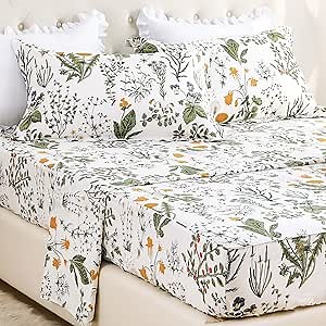 Lady Ann Floral King Size Sheets 100% Cotton - Yellow Flowers & Leave Pattern Plant Botanical Printed Bed Sheets Deep Pockets Cotton Floral Bedding Extra Soft and Breathable 4pcs