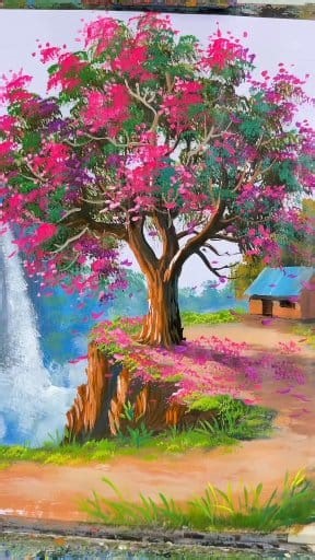How to draw spring tree and a house on cliff easy painting. . . . #artforbeginners #canvasart #drawtree #acrylicpainting #landscapepainting | Isabelle Moreau