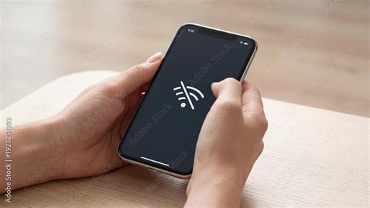 Woman holding phone with no wi-fi sign. Bad internet connection, mobile network problem. Wireless communication system error.