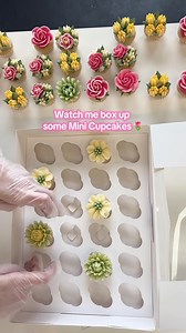 Box up some mini cupcakes with me 🥰🌷🌸🌼 It’s a delicate process and tricky to avoid damaging the petals but the more you do it the easier it gets. These boxes are from @cakeboxesdirect and give perfect spacing between cupcakes as well as the ideal height. You can learn how to make mini cupcakes by following my online tutorial ‘mini masterclass’ which is on the website - petalsbakehouse.co.uk/tutorials 🌷🌸🌼 . #cake #cupcakes #flowers #floralcupcakes #buttercream #buttercreamflowers #piping #
