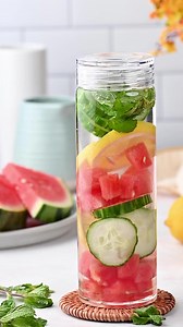 Watermelon 🍉 Cucumber 🥒 Lemon 🍋 & Mint Infused Fruit Water Ingredients & how to: chop up watermelon, lemon, cucumber & mint. Add it to your water bottle and top wirh fresh filtered water. You can drink it eifht away but I prefer to let them sit for a few hours or overnight to let it infuse. You can easily make many at a time and leave them in your fridge. Not only does it taste good, you’ll get the nutrient benefits. Believe me- this combo is 👌🏻for fruit infused water! .....#detox #detoxwat