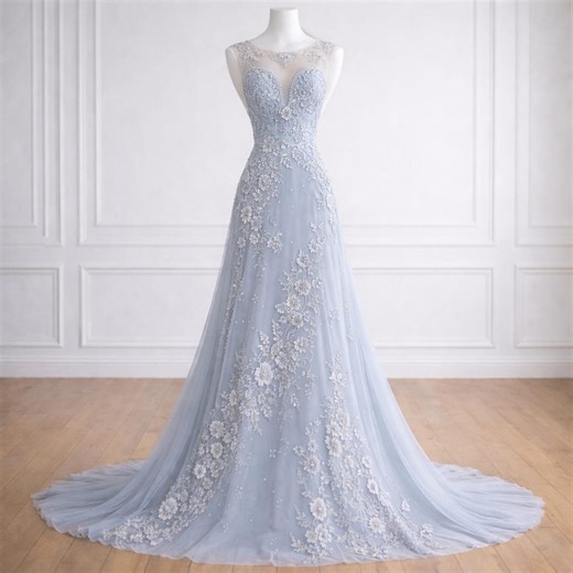 Dusty Blue Wedding Dress, Floral Lace Bridal Gown, Illusion Neck A Line Bride Dress, Light Blue Romantic Wedding Gown - Etsy