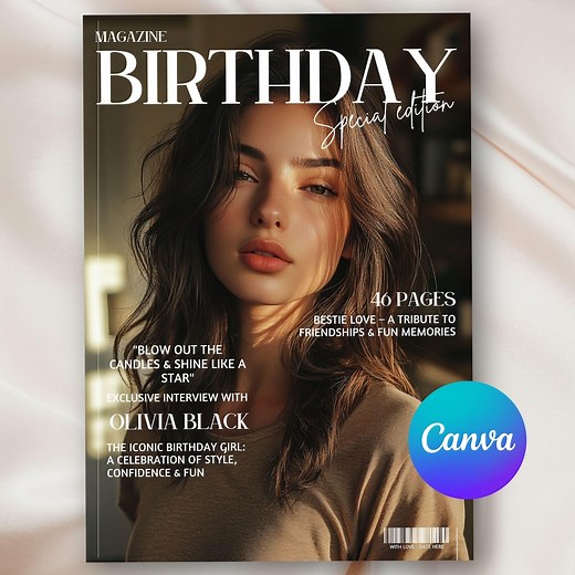 Vogue Birthday Magazine Template Canva, 46 Editable Pages Vogue Magazine, Personalized Birthday Magazine Cover, Bestie Gift, Custom Gift - Etsy